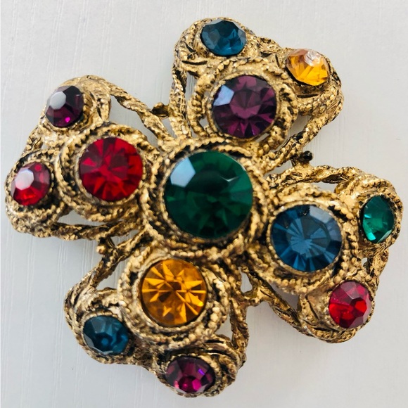 Neiman Marcus Renaissance gemstone cross❣️HOST PICK Multicolor rhinestones Gold - Picture 4 of 16